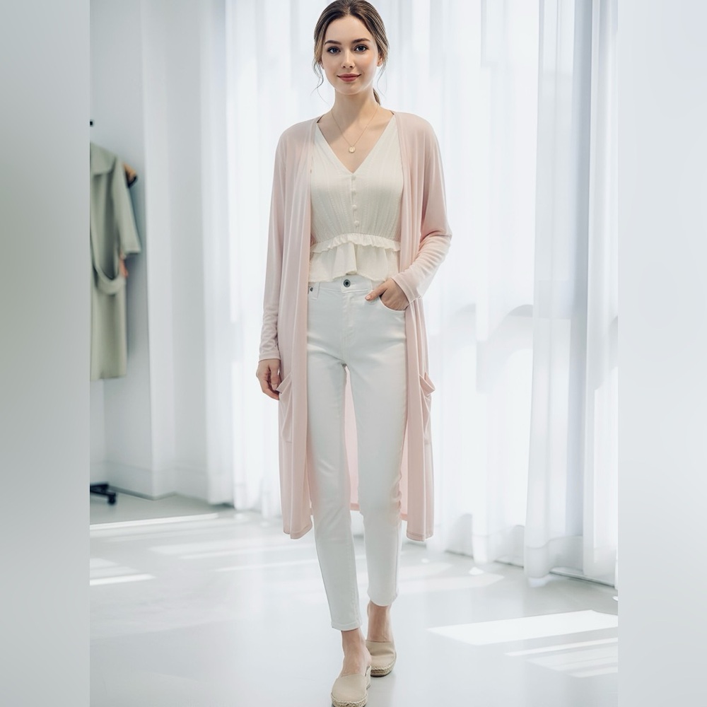 Time and Tru Women’s Silky Soft Pale Pink Long Open Cardigan - Medium